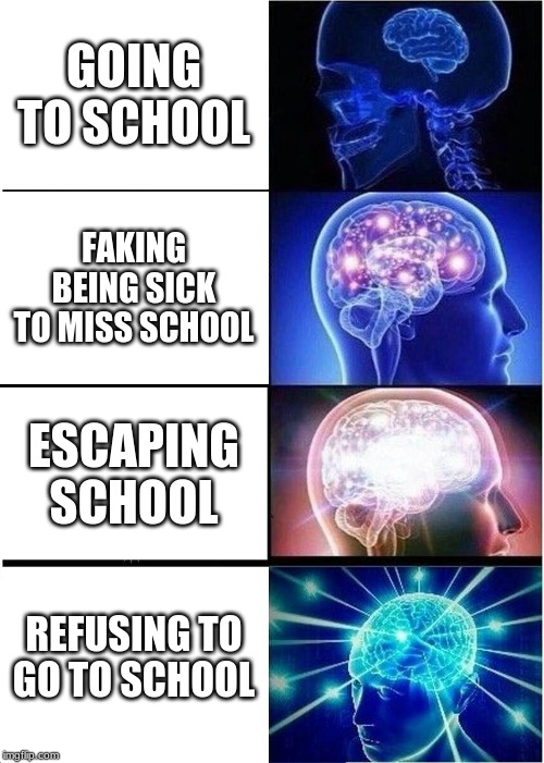Actually stay in school tho | GOING TO SCHOOL; FAKING BEING SICK TO MISS SCHOOL; ESCAPING SCHOOL; REFUSING TO GO TO SCHOOL | image tagged in memes,expanding brain | made w/ Imgflip meme maker