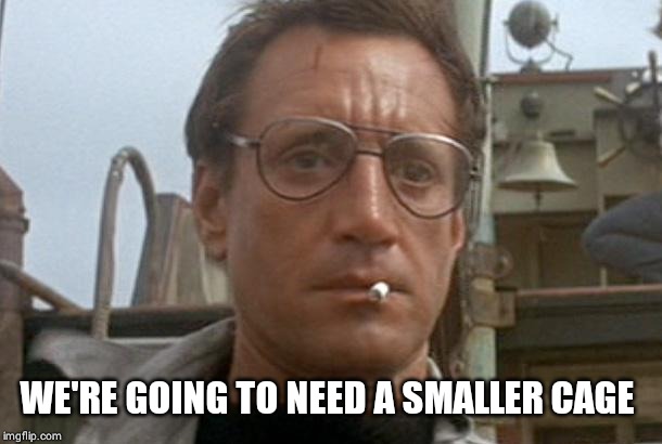 jaws | WE'RE GOING TO NEED A SMALLER CAGE | image tagged in jaws | made w/ Imgflip meme maker