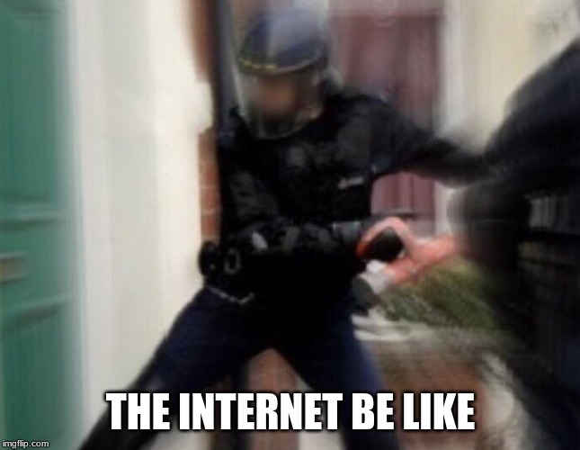 FBI Door Breach | THE INTERNET BE LIKE | image tagged in fbi door breach | made w/ Imgflip meme maker