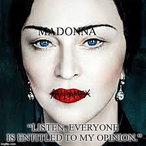 “LISTEN, EVERYONE
 IS ENTITLED TO MY OPINION.” | image tagged in madonna | made w/ Imgflip meme maker
