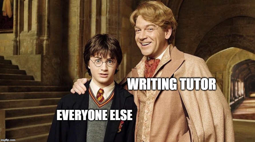 Concerned Harry Potter | WRITING TUTOR; EVERYONE ELSE | image tagged in concerned harry potter | made w/ Imgflip meme maker