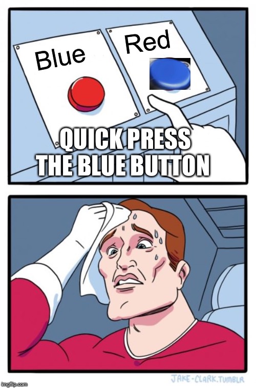 Two Buttons | Red; Blue; QUICK PRESS THE BLUE BUTTON QUICK PRESS THE BLUE BUTTON | image tagged in memes,two buttons | made w/ Imgflip meme maker
