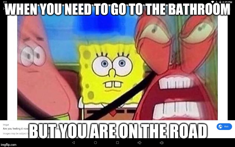 Road Trip Troubles |  WHEN YOU NEED TO GO TO THE BATHROOM; BUT YOU ARE ON THE ROAD | image tagged in mr krabs | made w/ Imgflip meme maker