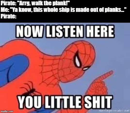 He's right ya know... |  Pirate: "Arrg, walk the plank!"
Me: "Ya know, this whole ship is made out of planks..."
Pirate: | image tagged in now listen you little shit,pirate | made w/ Imgflip meme maker