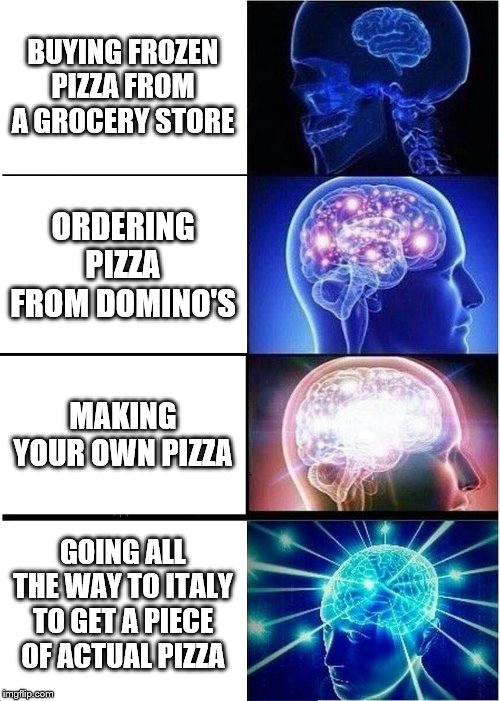 Expanding Brain | BUYING FROZEN PIZZA FROM A GROCERY STORE; ORDERING PIZZA FROM DOMINO'S; MAKING YOUR OWN PIZZA; GOING ALL THE WAY TO ITALY TO GET A PIECE OF ACTUAL PIZZA | image tagged in memes,expanding brain | made w/ Imgflip meme maker