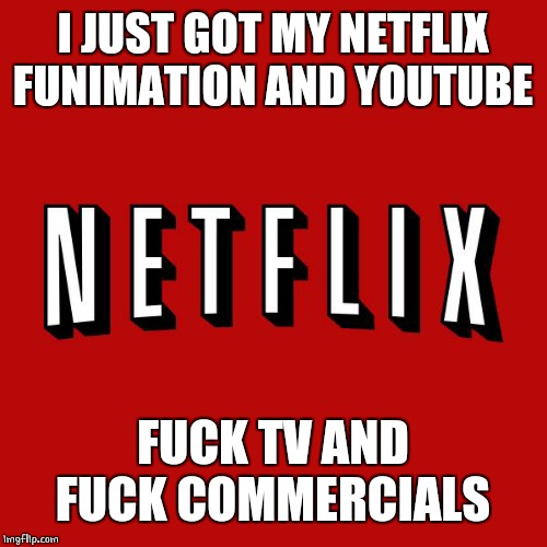 Goddam you Netflix! | I JUST GOT MY NETFLIX FUNIMATION AND YOUTUBE F**K TV AND F**K COMMERCIALS | image tagged in goddam you netflix | made w/ Imgflip meme maker