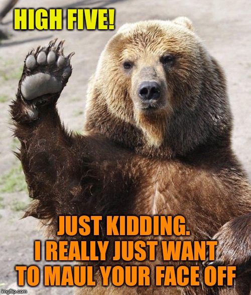 Hello bear | HIGH FIVE! JUST KIDDING.  I REALLY JUST WANT TO MAUL YOUR FACE OFF | image tagged in hello bear | made w/ Imgflip meme maker