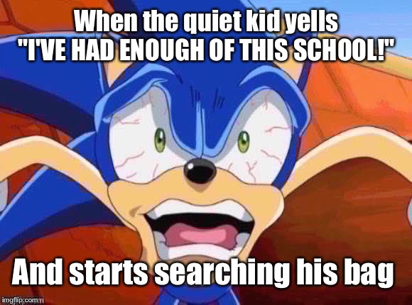 Aw Jeez, Here We Go Again! | When the quiet kid yells "I'VE HAD ENOUGH OF THIS SCHOOL!"; And starts searching his bag | image tagged in sonic scared face,bag,sonic x,school shooting,glock | made w/ Imgflip meme maker