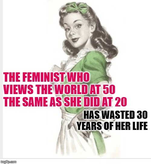 Homemaker Ali | THE FEMINIST WHO VIEWS THE WORLD AT 50 THE SAME AS SHE DID AT 20; HAS WASTED 30 YEARS OF HER LIFE | image tagged in 50's housewife,famous quotes,muhammad ali,life lessons,so true memes,feminism is cancer | made w/ Imgflip meme maker