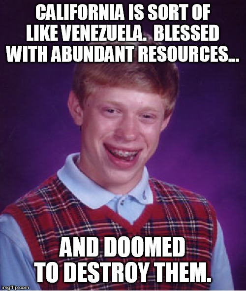 Bad Luck Brian Meme | CALIFORNIA IS SORT OF LIKE VENEZUELA.  BLESSED WITH ABUNDANT RESOURCES... AND DOOMED TO DESTROY THEM. | image tagged in memes,bad luck brian | made w/ Imgflip meme maker