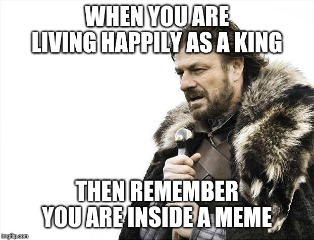 Brace Yourselves X is Coming | WHEN YOU ARE LIVING HAPPILY AS A KING; THEN REMEMBER YOU ARE INSIDE A MEME | image tagged in memes,brace yourselves x is coming | made w/ Imgflip meme maker