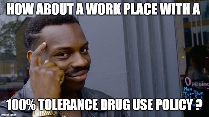 Roll Safe Think About It Meme | HOW ABOUT A WORK PLACE WITH A 100% TOLERANCE DRUG USE POLICY ? | image tagged in memes,roll safe think about it | made w/ Imgflip meme maker