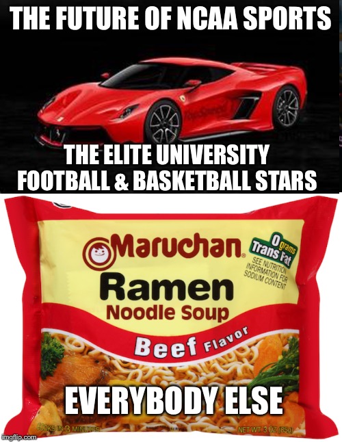  THE FUTURE OF NCAA SPORTS; THE ELITE UNIVERSITY FOOTBALL & BASKETBALL STARS; EVERYBODY ELSE | image tagged in memes,roll safe think about it,ramen noodles | made w/ Imgflip meme maker