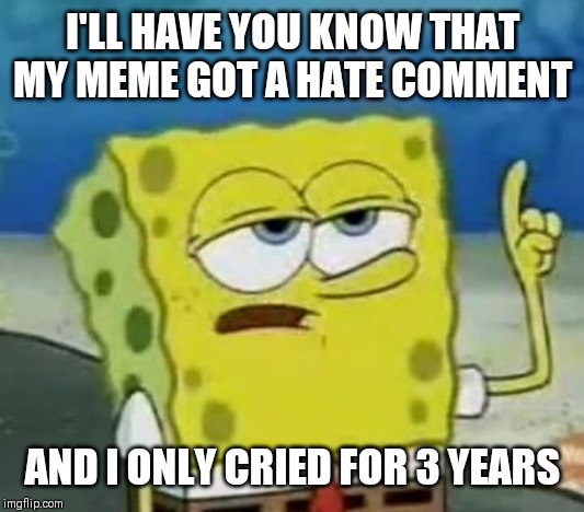 I'll Have You Know Spongebob |  I'LL HAVE YOU KNOW THAT MY MEME GOT A HATE COMMENT; AND I ONLY CRIED FOR 3 YEARS | image tagged in memes,ill have you know spongebob | made w/ Imgflip meme maker