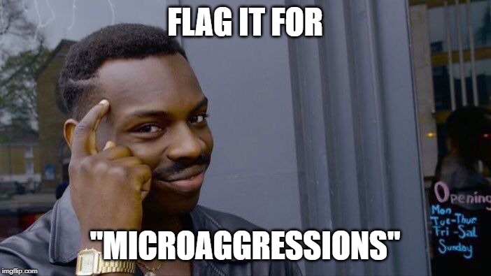 Roll Safe Think About It Meme | FLAG IT FOR "MICROAGGRESSIONS" | image tagged in memes,roll safe think about it | made w/ Imgflip meme maker