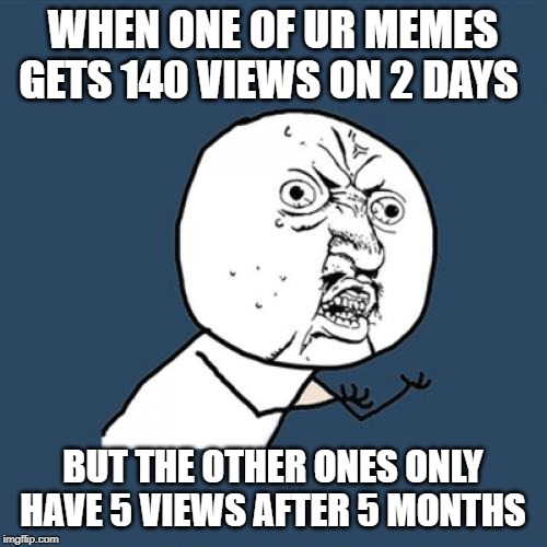 WHEN ONE OF UR MEMES GETS 140 VIEWS ON 2 DAYS BUT THE OTHER ONES ONLY HAVE 5 VIEWS AFTER 5 MONTHS | image tagged in memes,y u no | made w/ Imgflip meme maker