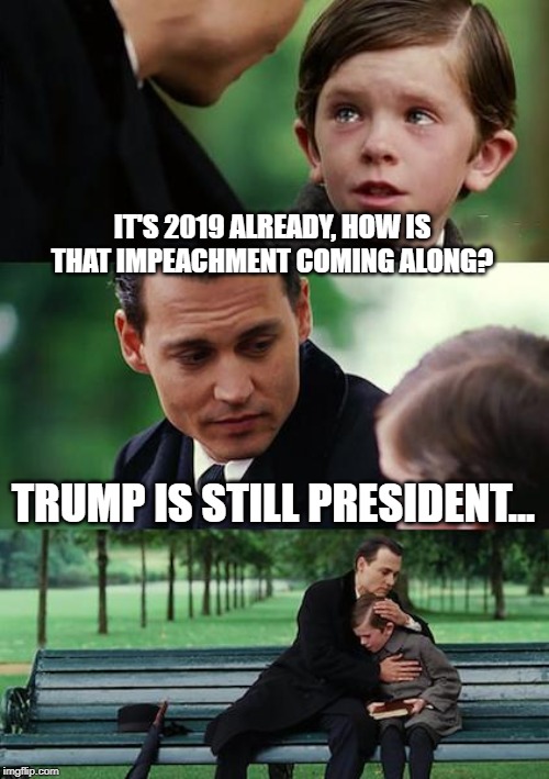 Democrats | IT'S 2019 ALREADY, HOW IS THAT IMPEACHMENT COMING ALONG? TRUMP IS STILL PRESIDENT... | image tagged in memes,finding neverland | made w/ Imgflip meme maker