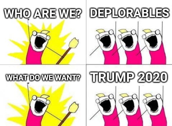 Call us whatever you want and ban us from everything. We aren't going away and we still vote. | WHO ARE WE? DEPLORABLES; WHAT DO WE WANT? TRUMP 2020 | image tagged in memes,what do we want,trump 2020,deplorables | made w/ Imgflip meme maker