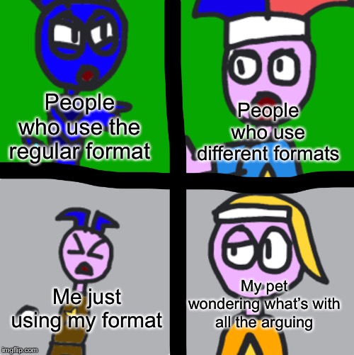 People who use different formats; People who use the regular format; My pet wondering what’s with all the arguing; Me just using my format | image tagged in 4 panel tsunami markus mando pono | made w/ Imgflip meme maker