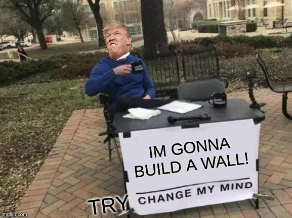 Change My Mind Meme | IM GONNA BUILD A WALL! TRY | image tagged in memes,change my mind | made w/ Imgflip meme maker