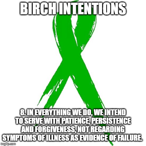 BIRCH INTENTIONS; 8. IN EVERYTHING WE DO, WE INTEND TO SERVE WITH PATIENCE, PERSISTENCE AND FORGIVENESS, NOT REGARDING SYMPTOMS OF ILLNESS AS EVIDENCE OF FAILURE. | image tagged in birchtree,birch tree,birch,birch intentions,mental health arkansas,mental illness | made w/ Imgflip meme maker