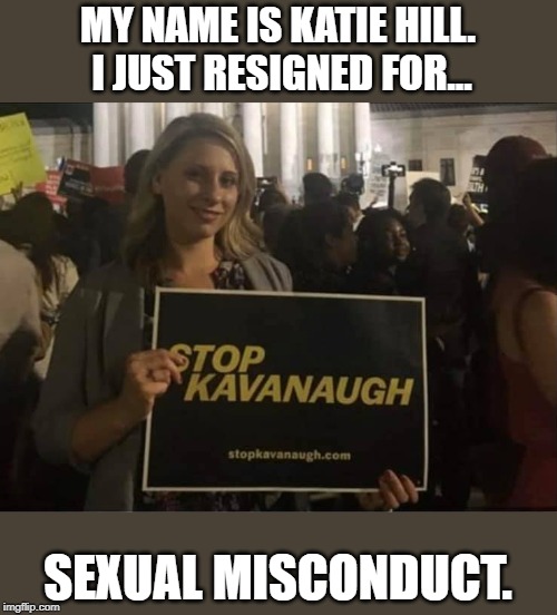 Congresswoman, Katie Hill learning what irony is. | MY NAME IS KATIE HILL.  I JUST RESIGNED FOR... SEXUAL MISCONDUCT. | image tagged in politics,political meme | made w/ Imgflip meme maker