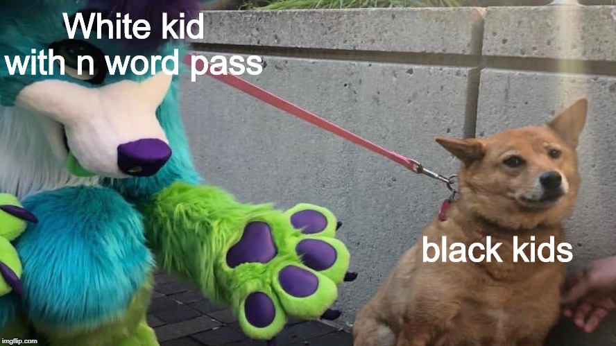 Furry scaring dog |  White kid with n word pass; black kids | image tagged in furry scaring dog | made w/ Imgflip meme maker