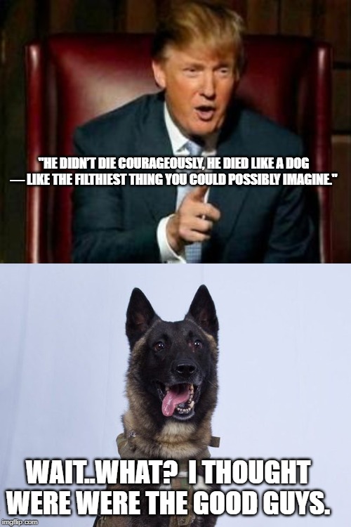 Comparing an evil man to a dog is not fair to the dog. | "HE DIDN’T DIE COURAGEOUSLY, HE DIED LIKE A DOG — LIKE THE FILTHIEST THING YOU COULD POSSIBLY IMAGINE."; WAIT..WHAT?  I THOUGHT WERE WERE THE GOOD GUYS. | image tagged in donald trump,terrorist,trump,politics,political meme | made w/ Imgflip meme maker