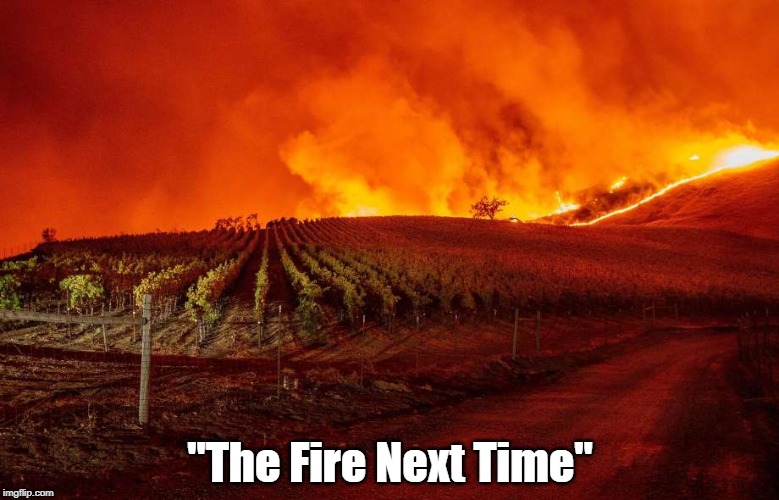"After The Great Flood, God Promised To Never Again Destroy The World With Water" | "The Fire Next Time" | image tagged in california wildfire,conflagration,the fire next time,the great flood,noah | made w/ Imgflip meme maker