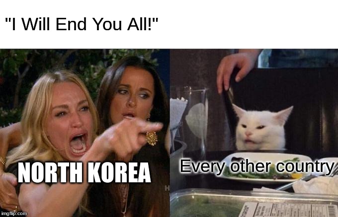 Woman Yelling At Cat | "I Will End You All!"; Every other country; NORTH KOREA | image tagged in memes,woman yelling at a cat | made w/ Imgflip meme maker
