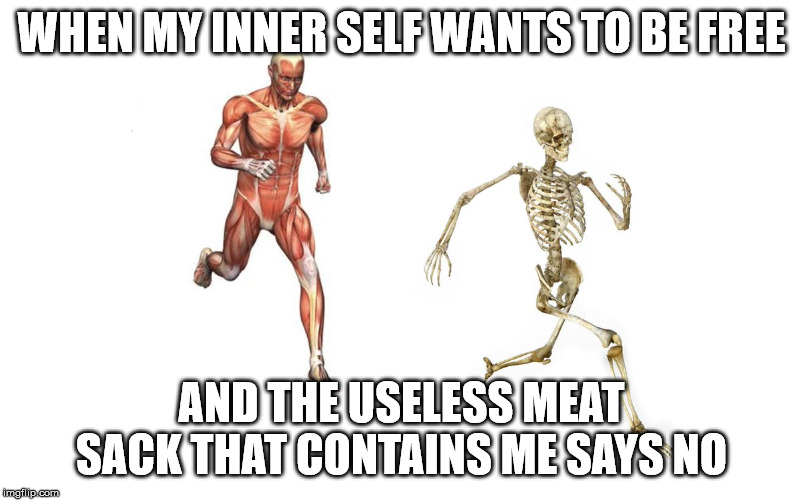run skeleton | WHEN MY INNER SELF WANTS TO BE FREE; AND THE USELESS MEAT SACK THAT CONTAINS ME SAYS NO | image tagged in run skeleton | made w/ Imgflip meme maker