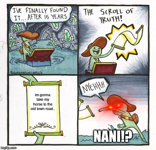 The answer to all of life is... | im gonna take my horse to the old town road.. NANI!? | image tagged in memes,the scroll of truth | made w/ Imgflip meme maker