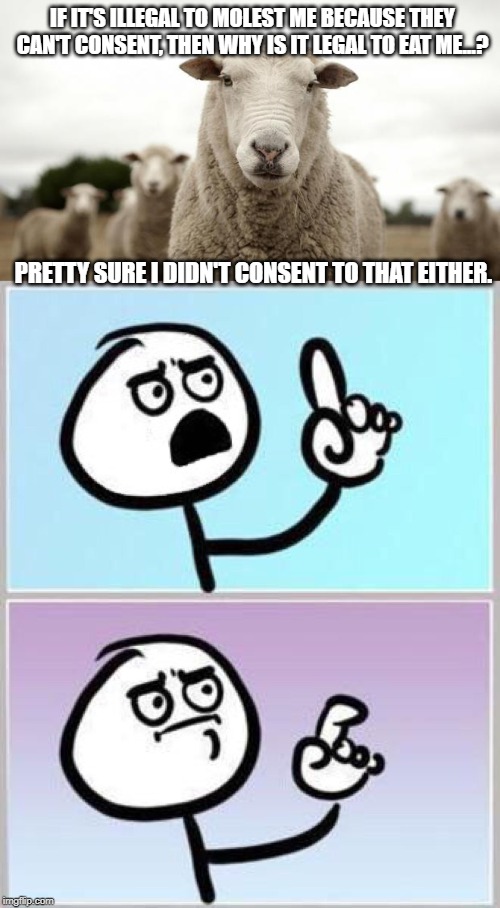 Never thought about that way (as I'm chewing on some veal) | IF IT'S ILLEGAL TO MOLEST ME BECAUSE THEY CAN'T CONSENT, THEN WHY IS IT LEGAL TO EAT ME...? PRETTY SURE I DIDN'T CONSENT TO THAT EITHER. | image tagged in sheep,wait what,funny,funny memes | made w/ Imgflip meme maker