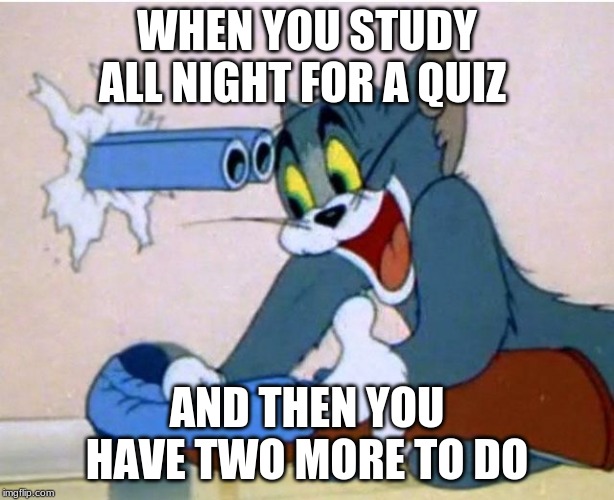 Tom and Jerry | WHEN YOU STUDY ALL NIGHT FOR A QUIZ; AND THEN YOU HAVE TWO MORE TO DO | image tagged in tom and jerry | made w/ Imgflip meme maker