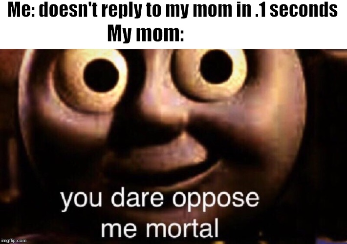 You dare oppose me mortal | Me: doesn't reply to my mom in .1 seconds; My mom: | image tagged in you dare oppose me mortal | made w/ Imgflip meme maker
