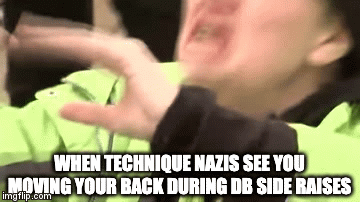 When Technique Nazis See You Moving Your Back When Doing DB Side Raises | WHEN TECHNIQUE NAZIS SEE YOU MOVING YOUR BACK DURING DB SIDE RAISES | image tagged in gifs | made w/ Imgflip video-to-gif maker