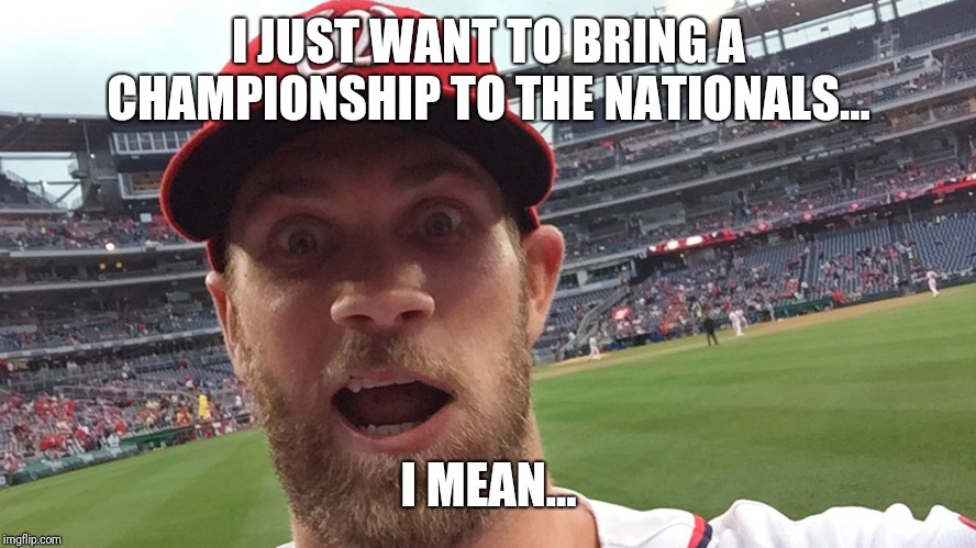 Bryce Harper | I JUST WANT TO BRING A CHAMPIONSHIP TO THE NATIONALS... I MEAN... | image tagged in bryce harper | made w/ Imgflip meme maker