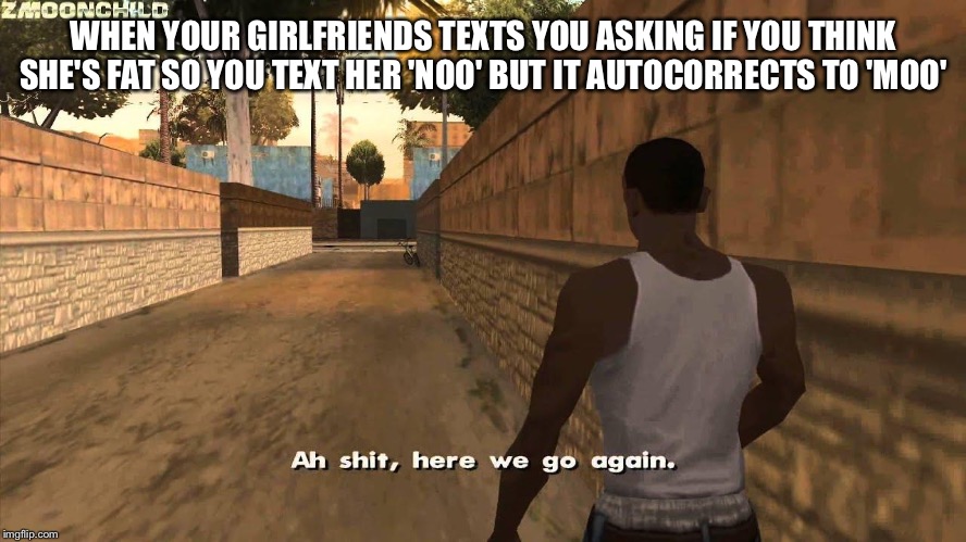 Here we go again |  WHEN YOUR GIRLFRIENDS TEXTS YOU ASKING IF YOU THINK SHE'S FAT SO YOU TEXT HER 'NOO' BUT IT AUTOCORRECTS TO 'MOO' | image tagged in here we go again,moo,gta,texting,autocorrect | made w/ Imgflip meme maker