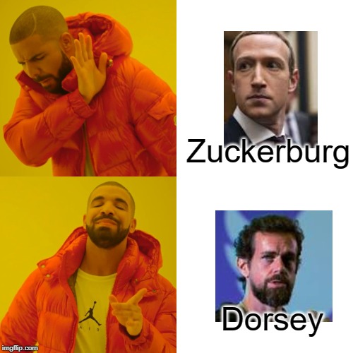 One of these has no soul | Zuckerburg; Dorsey | image tagged in memes,drake hotline bling,facebook,twitter,fun | made w/ Imgflip meme maker
