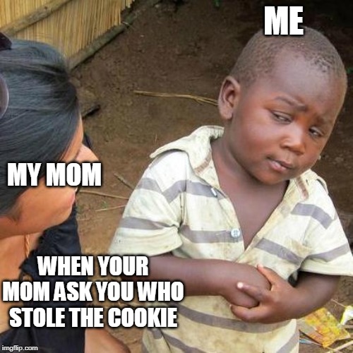Third World Skeptical Kid Meme | ME; MY MOM; WHEN YOUR MOM ASK YOU WHO STOLE THE COOKIE | image tagged in memes,third world skeptical kid | made w/ Imgflip meme maker
