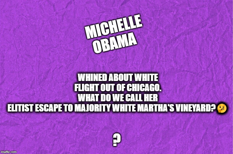 HYPOCRISY, THY NAME IS MICHELLE OBAMA | MICHELLE OBAMA; WHINED ABOUT WHITE FLIGHT OUT OF CHICAGO. WHAT DO WE CALL HER ELITIST ESCAPE TO MAJORITY WHITE MARTHA'S VINEYARD?🤔; ? | image tagged in politics,political meme,political,politics lol,politicians,political memes | made w/ Imgflip meme maker