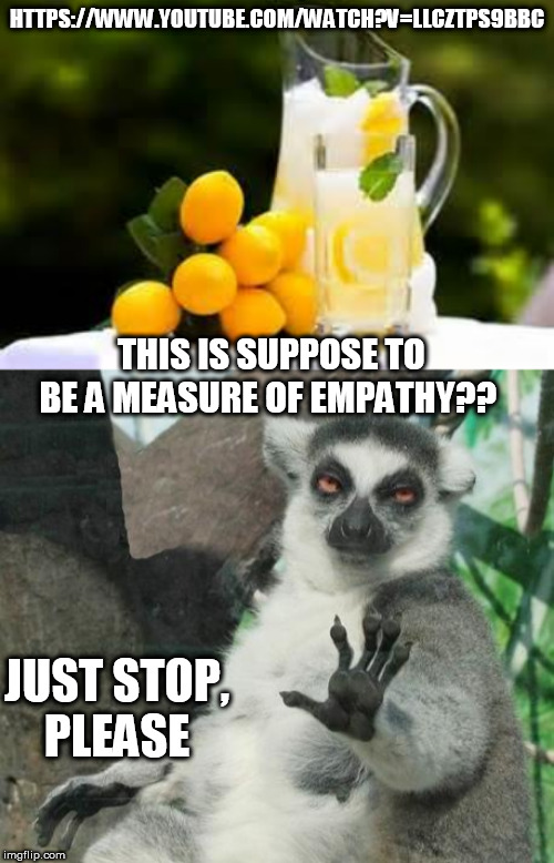 Perfect example of questionable research conclusions. what video to see. https://www.youtube.com/watch?v=LLCZtPs9BBc | HTTPS://WWW.YOUTUBE.COM/WATCH?V=LLCZTPS9BBC; THIS IS SUPPOSE TO BE A MEASURE OF EMPATHY?? JUST STOP,
PLEASE | image tagged in memes,stoner lemur,lemonade,research,poor research,girls vs boys | made w/ Imgflip meme maker