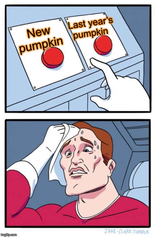 Two Buttons Meme | New pumpkin Last year’s pumpkin | image tagged in memes,two buttons | made w/ Imgflip meme maker