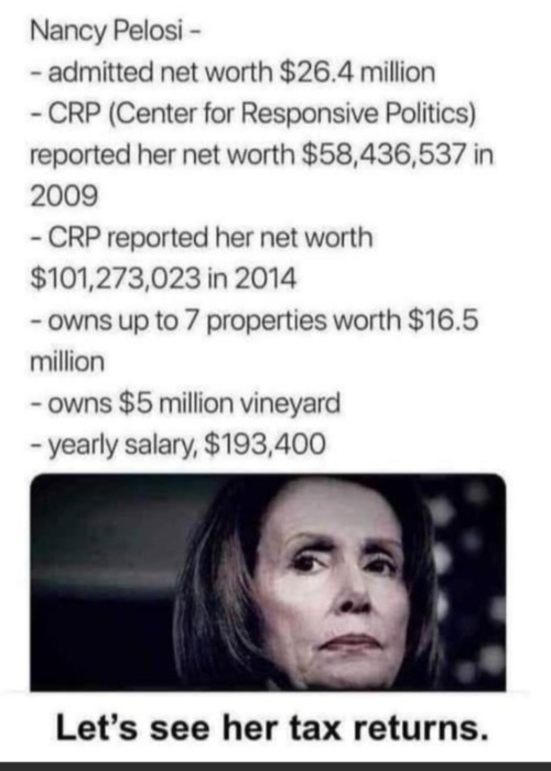 Let's See Nancy Pelosi's Tax Returns. | image tagged in hypocrites,dnc hypocrite,good old nancy pelosi,nancy pelosi is crazy,share the wealth,socialists | made w/ Imgflip meme maker