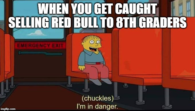 im in danger | WHEN YOU GET CAUGHT SELLING RED BULL TO 8TH GRADERS | image tagged in im in danger | made w/ Imgflip meme maker