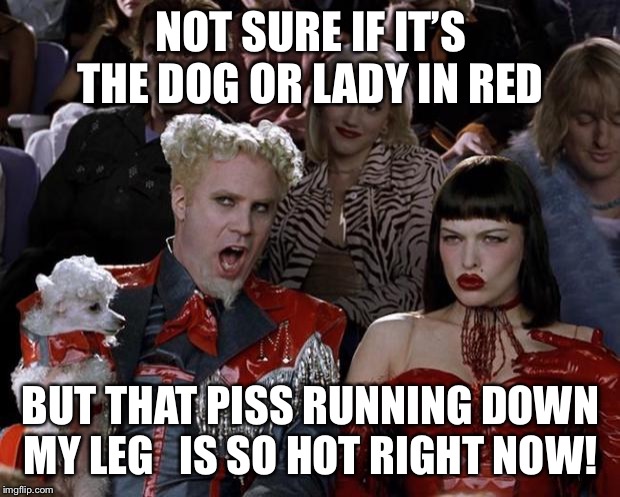 Mugatu So Hot Right Now Meme | NOT SURE IF IT’S THE DOG OR LADY IN RED; BUT THAT PISS RUNNING DOWN MY LEG   IS SO HOT RIGHT NOW! | image tagged in memes,mugatu so hot right now | made w/ Imgflip meme maker