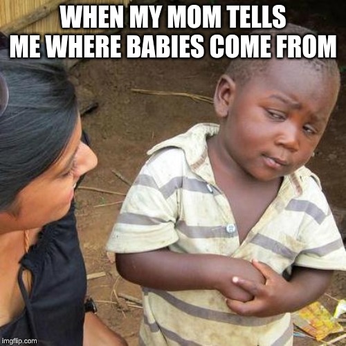 Third World Skeptical Kid | WHEN MY MOM TELLS ME WHERE BABIES COME FROM | image tagged in memes,third world skeptical kid | made w/ Imgflip meme maker