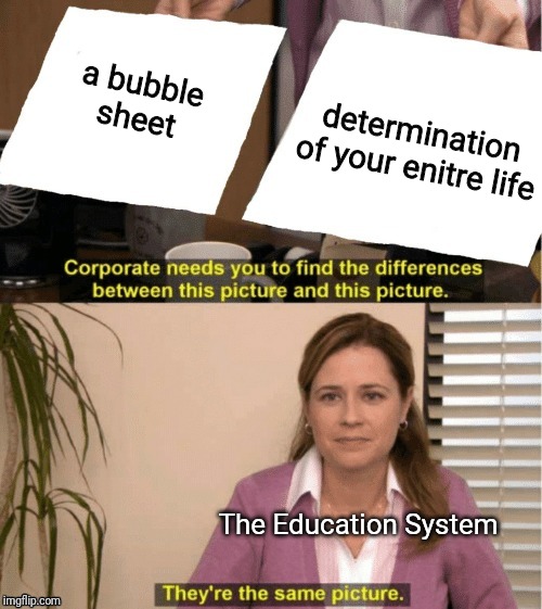 They're The Same Picture Meme | a bubble sheet; determination of your enitre life; The Education System | image tagged in office same picture | made w/ Imgflip meme maker