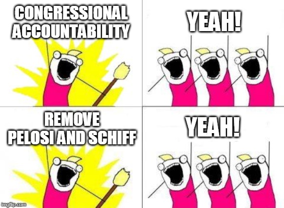 What Do We Want | CONGRESSIONAL
ACCOUNTABILITY; YEAH! YEAH! REMOVE
PELOSI AND SCHIFF | image tagged in memes,what do we want | made w/ Imgflip meme maker