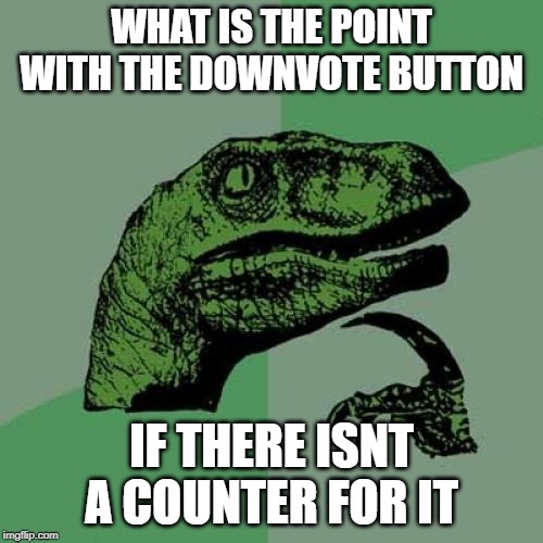 Philosoraptor | WHAT IS THE POINT WITH THE DOWNVOTE BUTTON; IF THERE ISNT A COUNTER FOR IT | image tagged in memes,philosoraptor | made w/ Imgflip meme maker